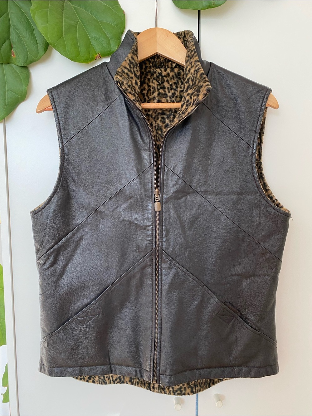 Tart Collections Black Leather Vest with Leopard Faux-Fur Lining